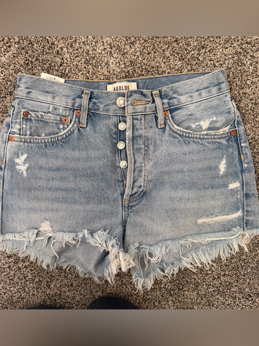 Agolde Light Blue Distressed Button-Fly Denim Shorts